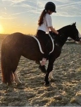 Pem tijdens het paardrijden bij zonsondergang